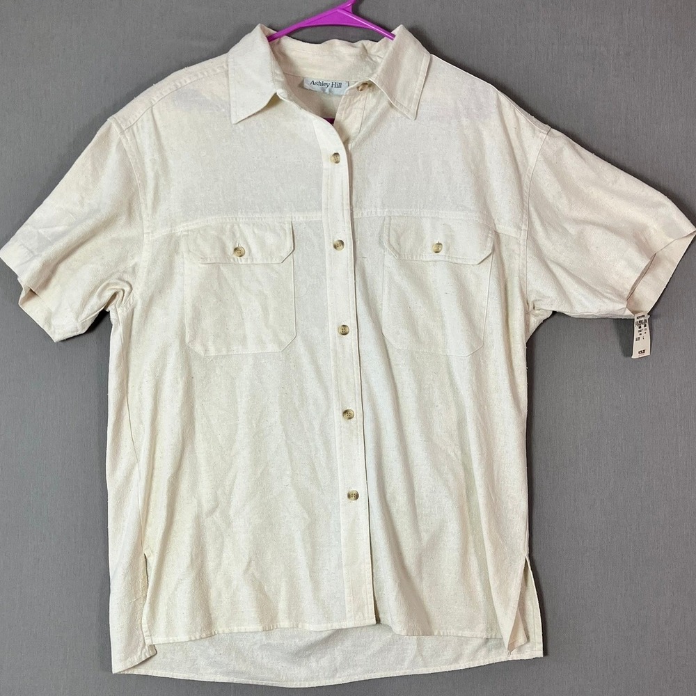 Vintage 90s Ashley Hill Silk Button Up Shirt L Cream Slubbed Shoulder Pads NWT